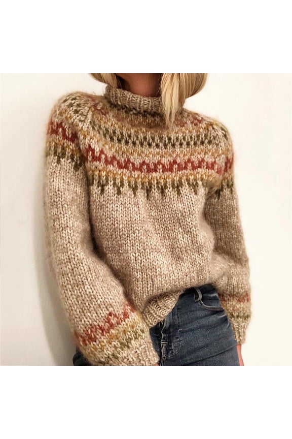 Fair Isle Sweater Women Long Sleeve Crew Neck Loose Casual Halloween Sweaters Fall Winter Pullover Knit Tops Beige L