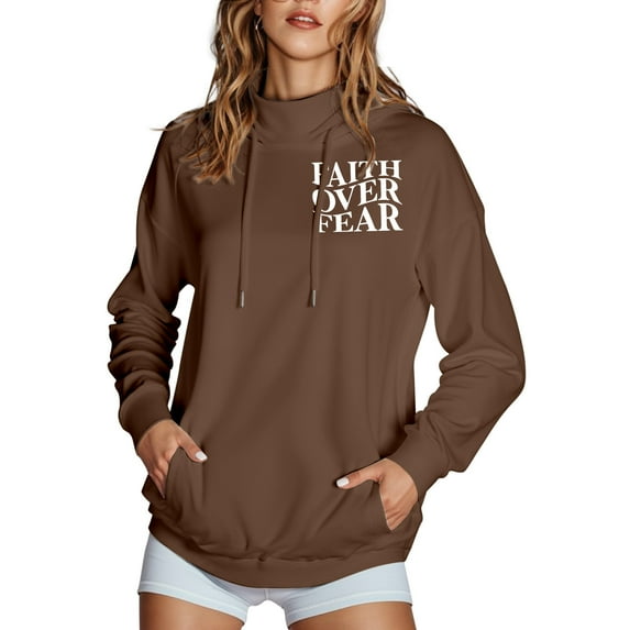 TrendOFT Faith Over Fear Graphic Hoodies Christian Faith Sweatshirt For Women Bible Verse Religious Hoodie Pullover Tops Khaki M
