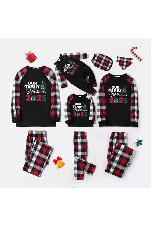 Family Christmas Pajamas Matching Sets for Women Christmas PJs Long Sleeve Crew Neck Sleepwaear Xmas Holiday Family Loungewear Sets Black