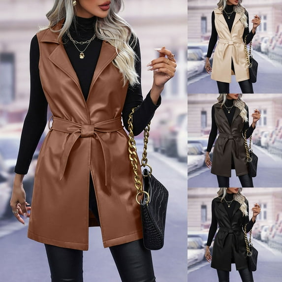 TrendOFT Faux Leather Vest For Women Long Lapel Sleeveless Drape Open Front PU Cardigan Brown L