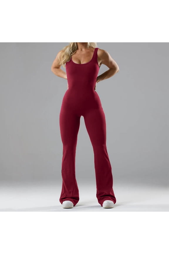 Flare Workout Jumpsuits for Women Backless Bodycon V Back Scrunch Yoga Rompers with Built in Bras Sleeveless Seamless Bodysuit RD2 XS