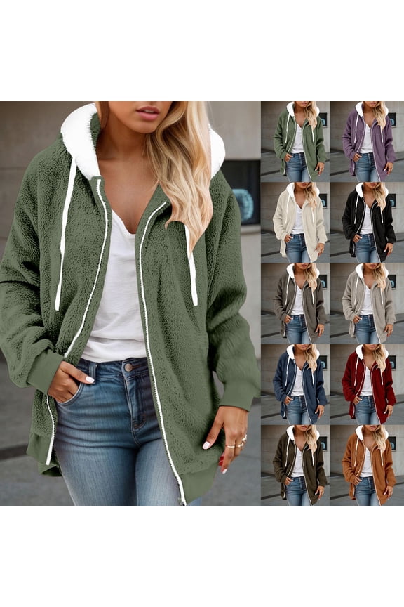 Fleece Jackets for Women Winter Warm Soft Zip Up Coat Outdoor Casual Loose Fit Hooded Outerwear Coats Army Green L