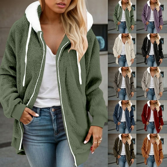 TrendOFT Fleece Jackets for Women Winter Warm Soft Zip Up Coat Outdoor Casual Loose Fit Hooded Outerwear Coats Army Green S
