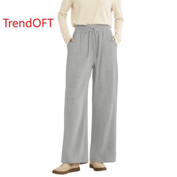 TrendOFT Lined Wide Leg Sweatpants Women Baggy High Waisted Lounge Sweat Pants Casual Fall Winter Joggers with Pockets Light Gray S
