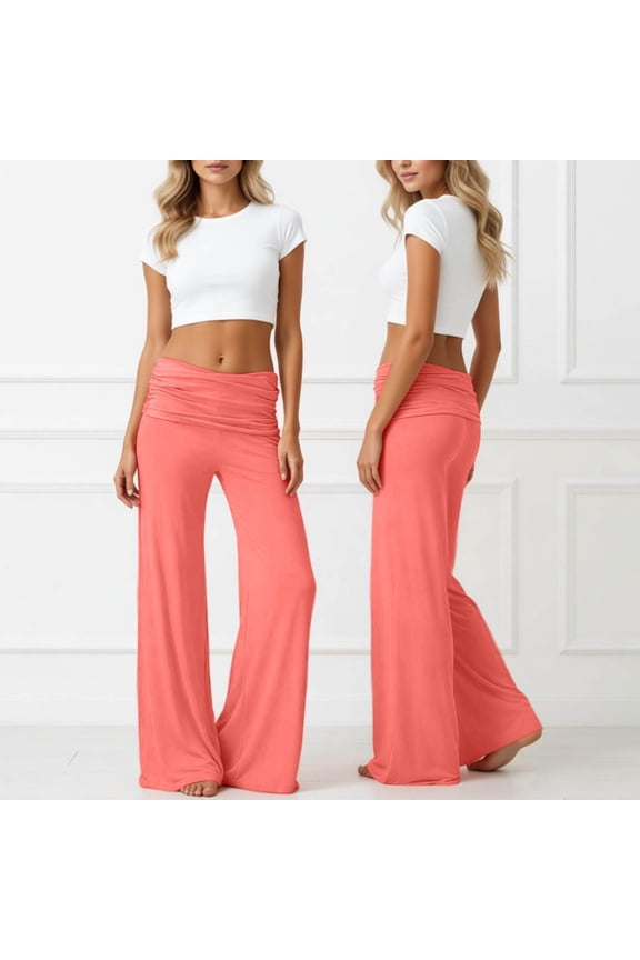 Fold Over Yoga Pants for Women Loose Fit Wide Leg Lounge Pants with Ruched Waist Trendy Solid Palazzo Pant Coral XS