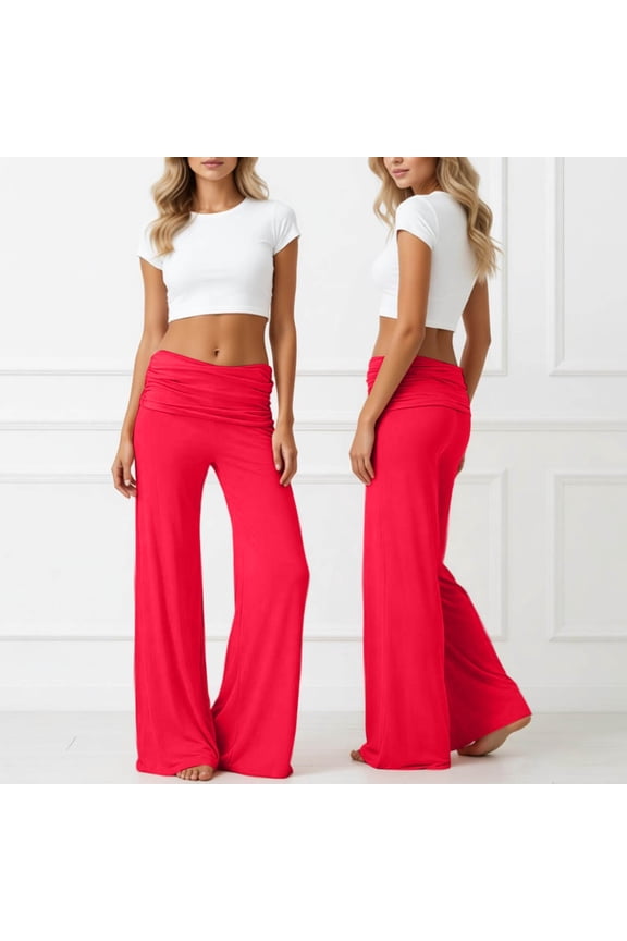 Fold Over Yoga Pants for Women Loose Fit Wide Leg Lounge Pants with Ruched Waist Trendy Solid Palazzo Pant Watermelon Red XS