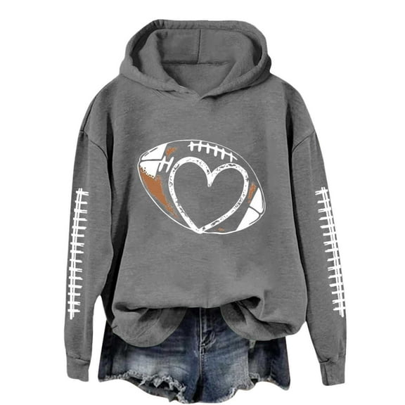 TrendOFT Football Graphic Hoodies for Women Long Sleeve Game DaySweatshirt Football Season Pullover Tops Grey S