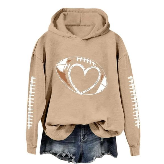 TrendOFT Football Graphic Hoodies for Women Long Sleeve Game DaySweatshirt Football Season Pullover Tops Khaki S