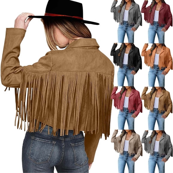 TrendOFT Fringe Suede Leather Jackets for Women Fall Fashion 2025 Tassel Motorcycle Cropped Coats Dance Outfits Khaki S