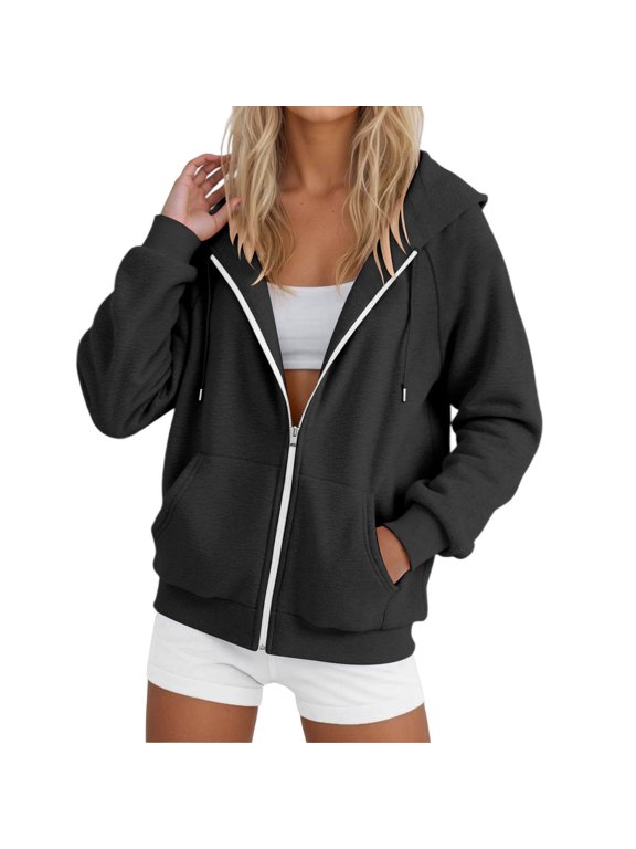 Full Zip up Hoodies For Women Oversized Sweatshirt Fleece Jackets Fall Winter Coats 2025 Fashion Black S