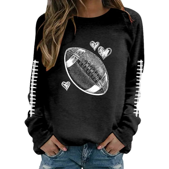 TrendOFT Game Day Football Sweatshirts for Women Cute Graphic Funny Sunday Casual Long Sleeve Crewneck Pullover Top Black L
