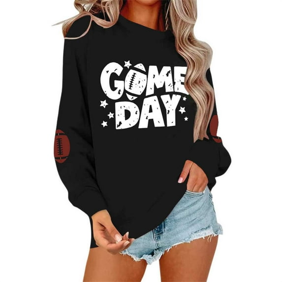 TrendOFT Game Day Football Sweatshirts for Women Cute Graphic Funny Sunday Casual Long Sleeve Crewneck Pullover Top Black XXL