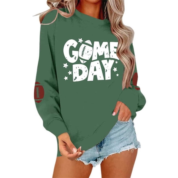 TrendOFT Game Day Football Sweatshirts for Women Cute Graphic Funny Sunday Casual Long Sleeve Crewneck Pullover Top Green M