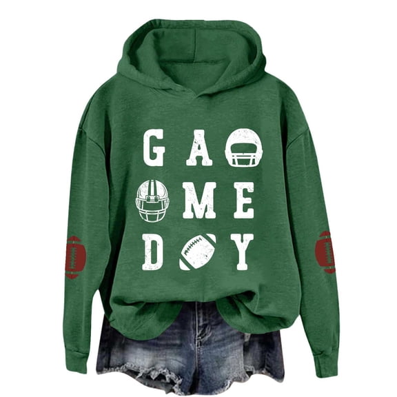TrendOFT Game Day Hooded Sweatshirt Women Funny Football Graphic Hoodies Game Day Long Sleeve Pullover Tops Green S