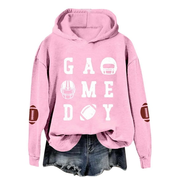 TrendOFT Game Day Hooded Sweatshirt Women Funny Football Graphic Hoodies Game Day Long Sleeve Pullover Tops Pink XL