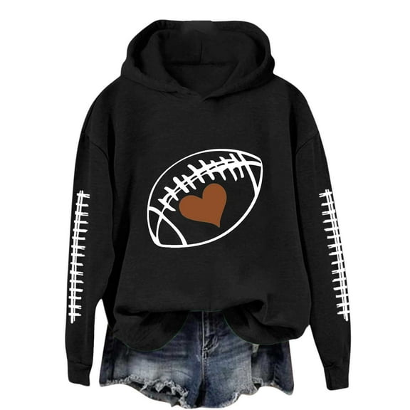 TrendOFT Game Day Hoodies for Women Football Graphic Long Sleeve Sweatshirt Football Season Pullover Tops Black L