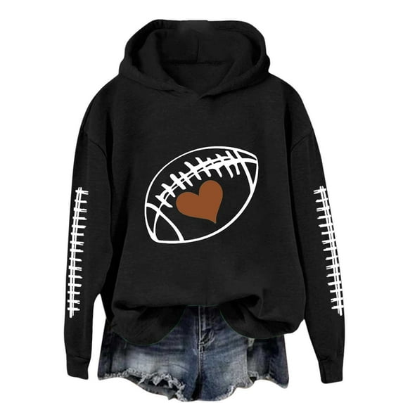TrendOFT Game Day Hoodies for Women Football Graphic Long Sleeve Sweatshirt Football Season Pullover Tops Black L