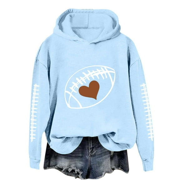 TrendOFT Game Day Hoodies for Women Football Graphic Long Sleeve Sweatshirt Football Season Pullover Tops Sky Blue S