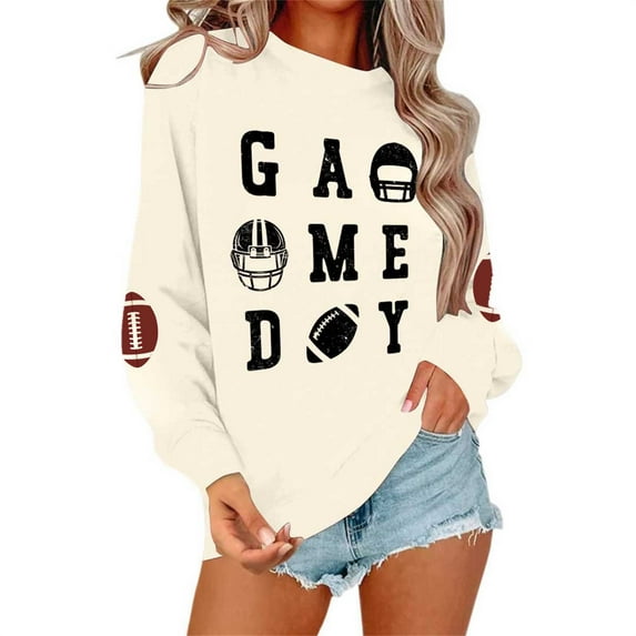 TrendOFT Game Day Sweatshirts for Women Cute Football Graphic Pullover Shirt Football Season Long Sleeve Tops Beige L