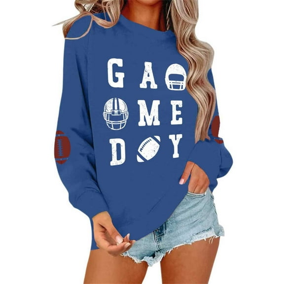 TrendOFT Game Day Sweatshirts for Women Cute Football Graphic Pullover Shirt Football Season Long Sleeve Tops Blue M