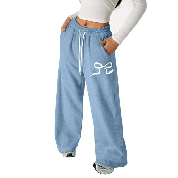 TrendOFT Girls Bow Print Graphic Wide Leg Sweatpants Mid Rise Baggy Straight Leg Casual Lounge Long Sweat Pants with Pockets Blue 8-9 Years