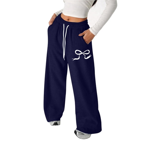 TrendOFT Girls Bow Print Graphic Wide Leg Sweatpants Mid Rise Baggy Straight Leg Casual Lounge Long Sweat Pants with Pockets Navy 11-12 Years