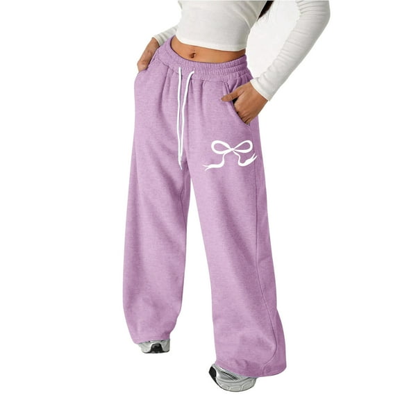 TrendOFT Girls Bow Print Graphic Wide Leg Sweatpants Mid Rise Baggy Straight Leg Casual Lounge Long Sweat Pants with Pockets Purple 6-7 Years
