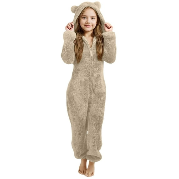 TrendOFT Girls Onesies Pajamas Jumpsuit Warm Sherpa Romper Sleepwear One Piece Zipper Hooded Playsuit Loungewear Beige 120