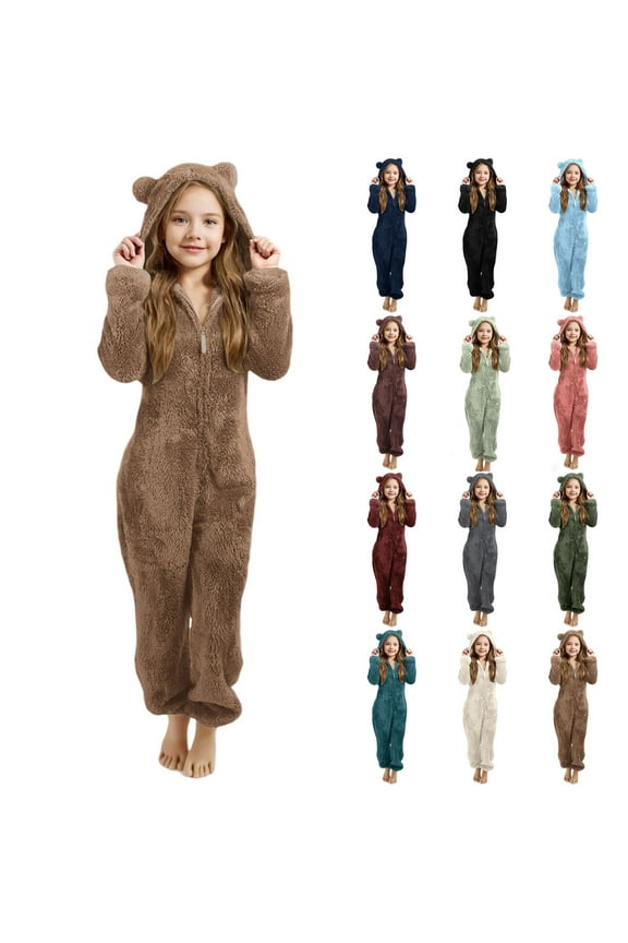 Girls Onesies Pajamas Jumpsuit Warm Sherpa Romper Sleepwear One Piece Zipper Hooded Playsuit Loungewear Black 140