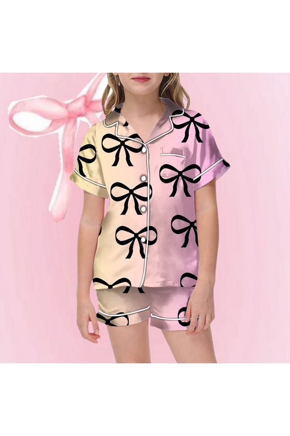Girls Outfits Set Girls Bow Art Printed Button Lapel Short Sleeve Tee And Casual Shorts Soft Skin Friendly Loungewear Home Outfit Girls' Clothing Sets Light Pink