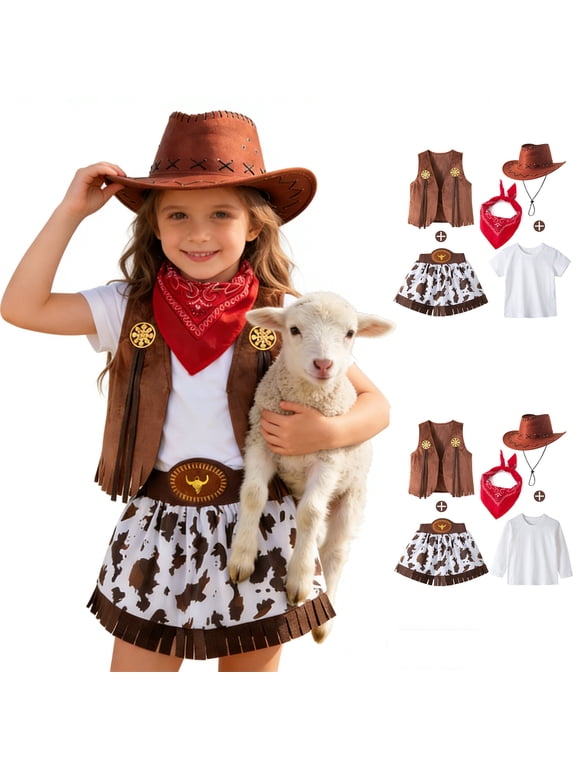 Girls Outfits Set Girls Cowgirl Set Western Denim Skirt Five Piece 2 10Y Girls Western Cowgirl Denim Outfit Set Brick Red1