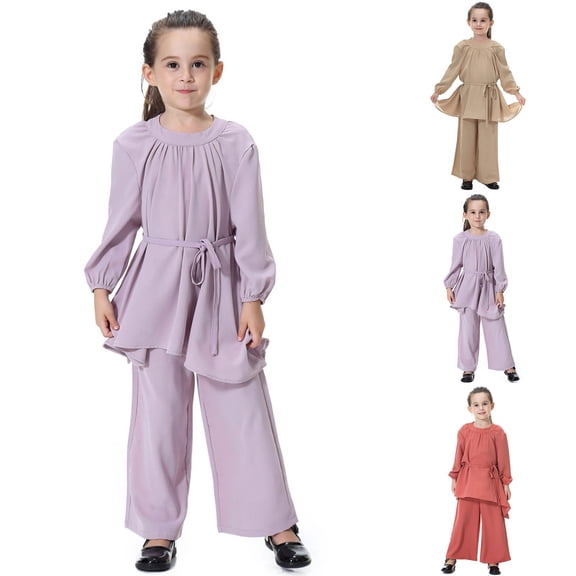 TrendOFT Girls Outfits Set Summer Abaya Dress Loose Flowy Pants For Everyday Wear Clothing Southeast Asian Style Comfortable Kids Girls' Clothing Sets Lounge Sets Khaki