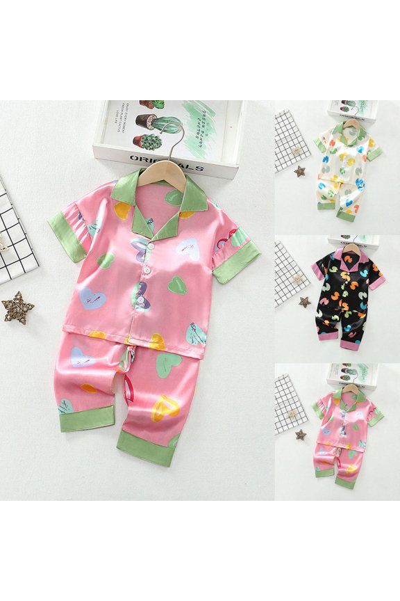 Girls Outfits Set Summer Unisex Ice Silk Cartoon Print Short Sleeve Long Pant Thin Air Conditioner Home Loungewear Set Girls Clothing Sets Green