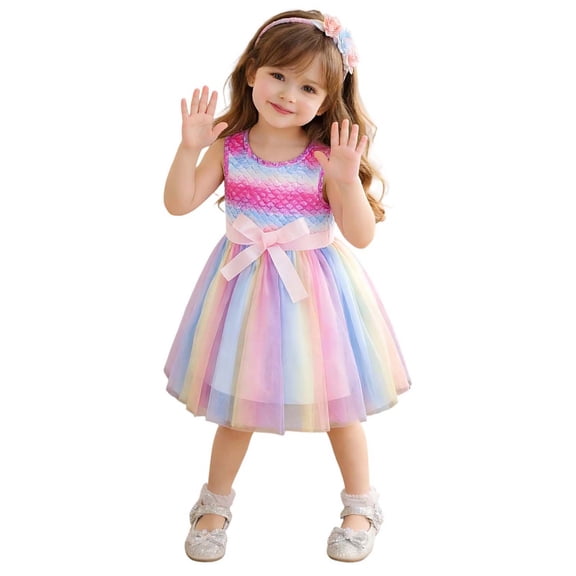 TrendOFT Girls Princess Dresses Rainbow Gradient Fish Scale Mesh Tulle Party Dress For Children Multicolour 5-6 Years