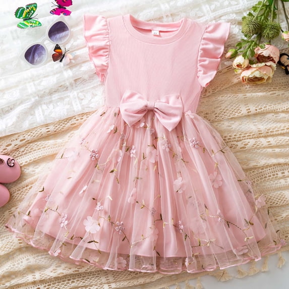 TrendOFT Girls Spring Dress Bowknot Flutter Sleeve A line Casual Party Dresses for Kids Pink 6-7 Years