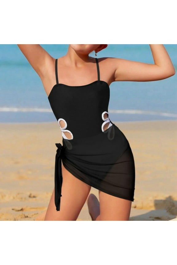 Girls Swimsuit Adjustable Straps Cut Out One Piece Bathing Suit with Solid Color Cover Up Skirt Summer Beach Girls' Swimwear Black 12Y