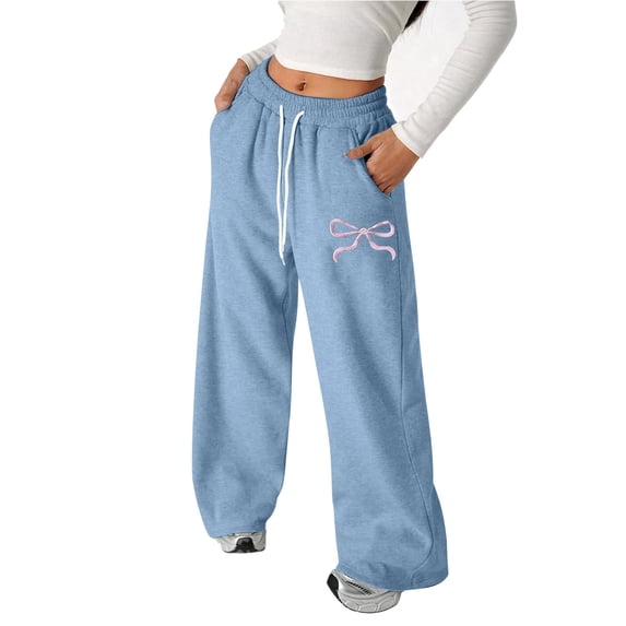 TrendOFT Girls Wide Leg Sweatpants Bow Print Graphic Mid Rise Baggy Straight Leg Casual Lounge Long Sweat Pants with Pockets Blue 6-7 Years