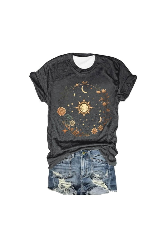 Graphic Tees for Women Vintage Boho Flowers T-Shirts Cute Summer Tops Crew Neck Short Sleeve Shirt Dark Gray L