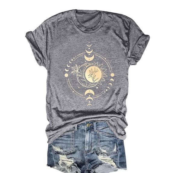 TrendOFT Graphic Tees for Women Vintage Boho Flowers T-Shirts Cute Summer Tops Crew Neck Short Sleeve Shirt Grey M