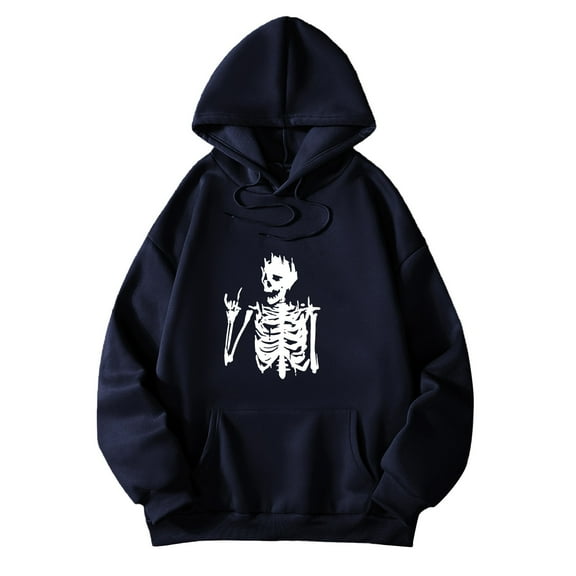 TrendOFT Halloween Skull Graphic Hoodies for Women Oversized Sweatshirt Long Sleeve Drop Shoulder Pullover Tops Navy M