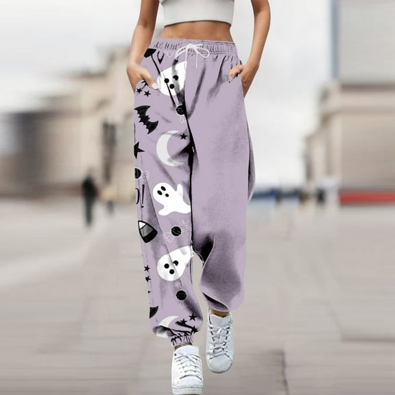 TrendOFT Halloween Sweatpants for Women Baggy Skeleton Pumpkin Print Open Bottom High Waist Joggers Athletic Gym Sweat Casual Pants Purple XL