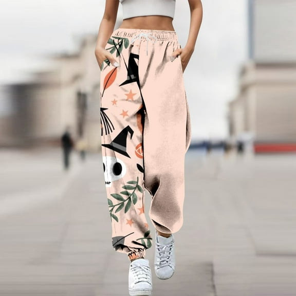 TrendOFT Halloween Sweatpants for Women Baggy Skeleton Pumpkin Print Open Bottom High Waist Joggers Athletic Gym Sweat Casual Pants White XXXL