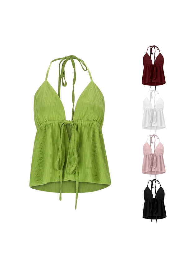 Halter Crop Tops for Women Y2K Drawstring Tie Ruched Dressy Casual Spaghetti Strap Cami Top Black S