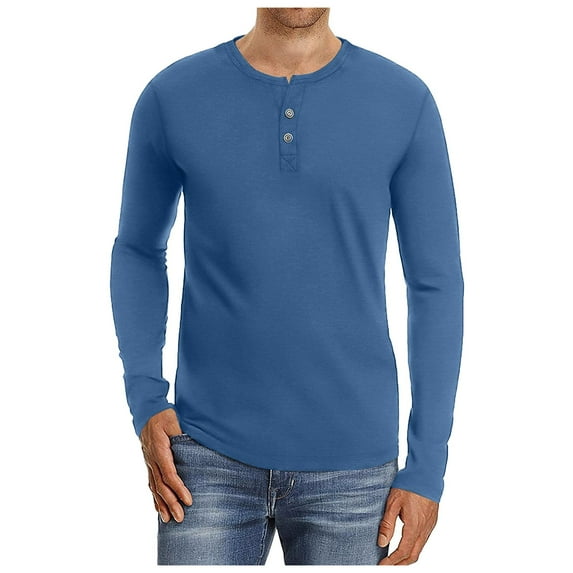 TrendOFT Henley Shirts for Men Long Sleeve Casual Basic T-Shirts Button Vintage Lightweight Fall Tee Tops Blue XL