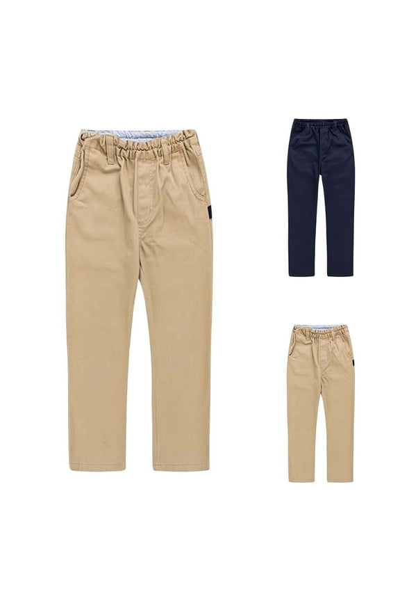 Khaki Boys School Uniform Pants Flat Front Dress Pants Twill Pull on Adjustable Elastic Waist Uniform Pants 6-7 Years