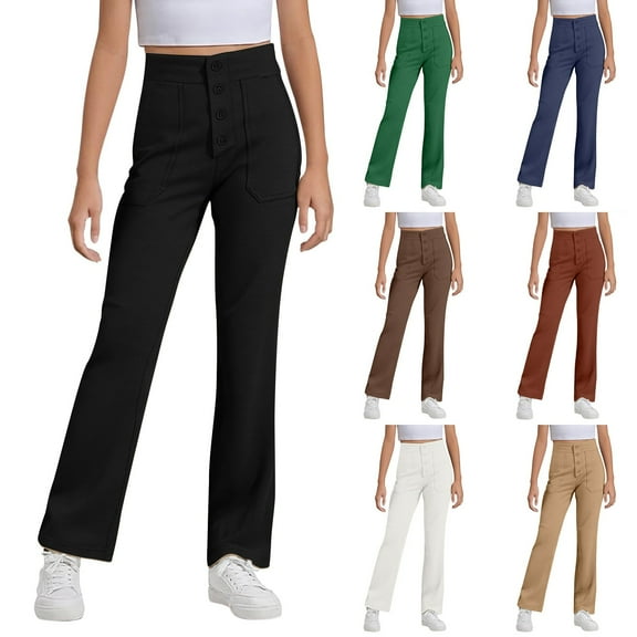 TrendOFT Khaki Girls Uniform Pants Slim Straight Leg Dress Pants with Pockets Pull-on High Stretchy Flat Front School Uniform Pant for Girl 7-8 Years