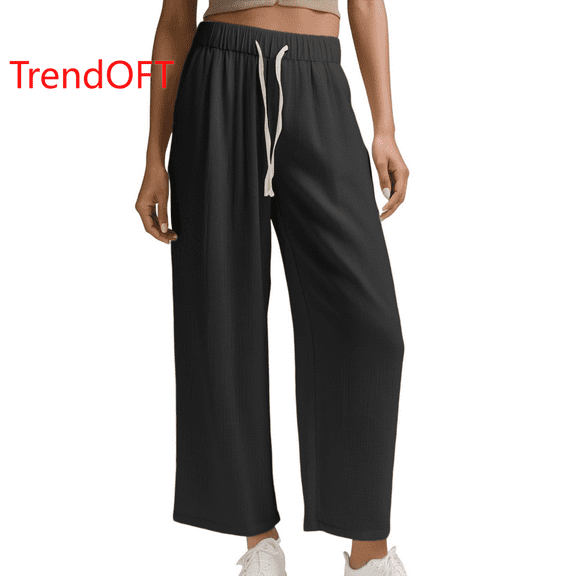 TrendOFT Lightweight Wide Leg Cropped Pants for Women High Waisted Loose Casual Travel Work Sweatpants Fall Sweat Lounge Pants Black M
