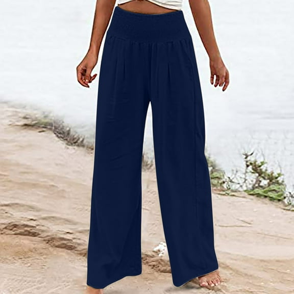 TrendOFT Linen Pants For Women High Waisted Solid Wide Leg Loose Fit Palazzo Pants Casual Beach Sweat Lounge Pants With Pockets Navy S