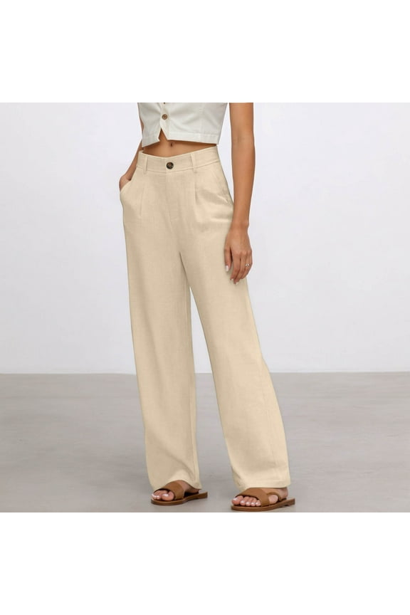 Linen Wide Leg Pants Women Casual Cotton High Waisted Harem Trouser Lightweight Slacks with Pockets Fall Clothes Beige L