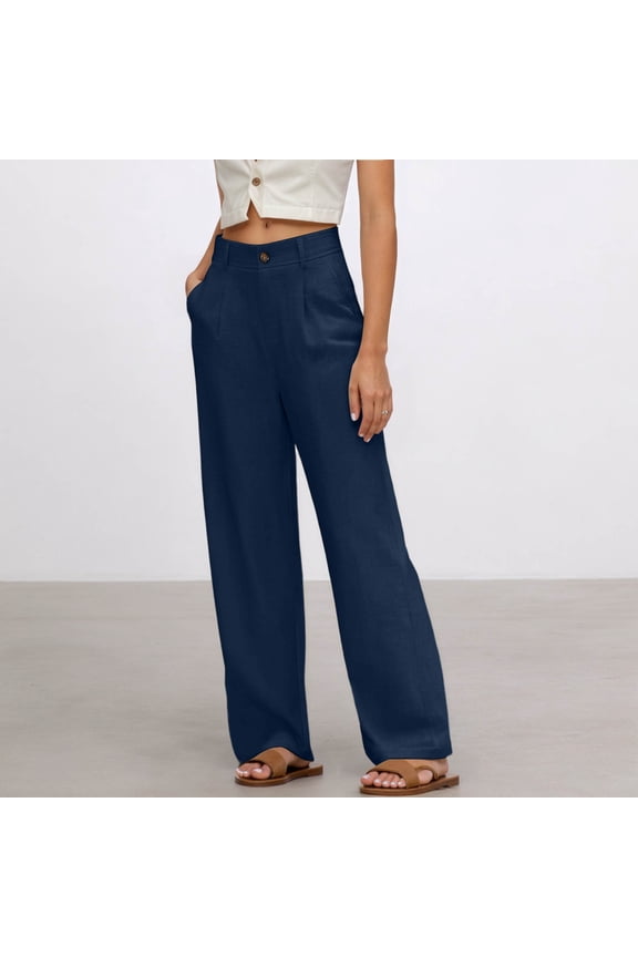 Linen Wide Leg Pants Women Casual Cotton High Waisted Harem Trouser Lightweight Slacks with Pockets Fall Clothes Navy XL